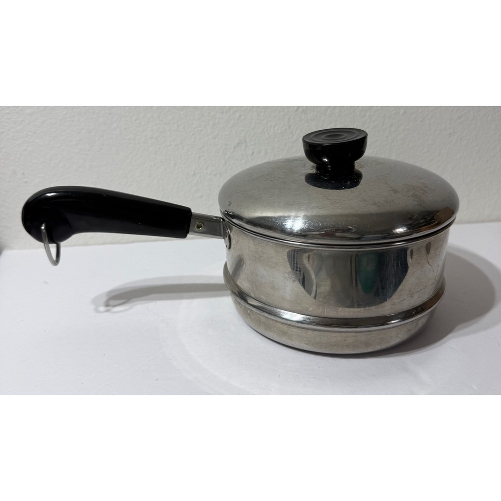 Vintage Stainless Steel Steamer Insert Pot with Lid Black Handle 6.25" Silver